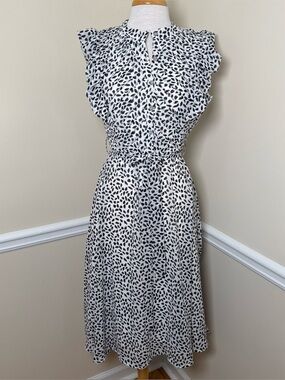 She + Sky Midi Tie Dress White Black Animal Print Ruffle Cap Sleeves Size Small